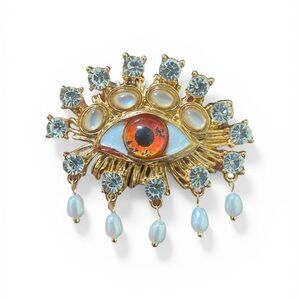 Schiaparelli Inspired Rose Gold and Red Eye Brooch with Crystals